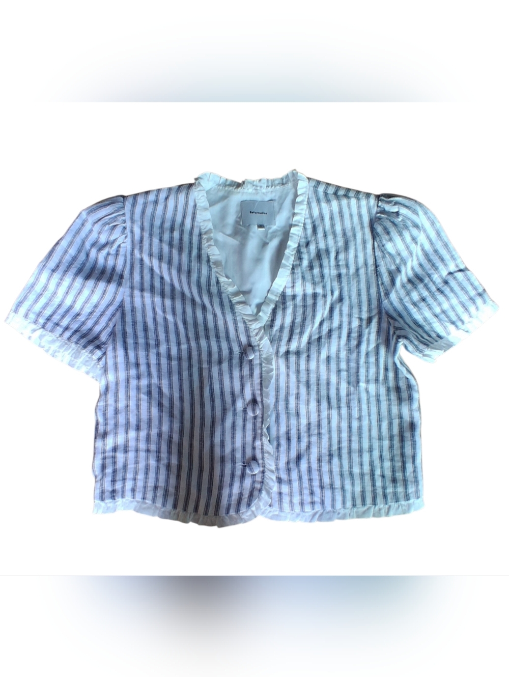 Reformation Blue and White Striped Short Sleeve Ruffle Blouse